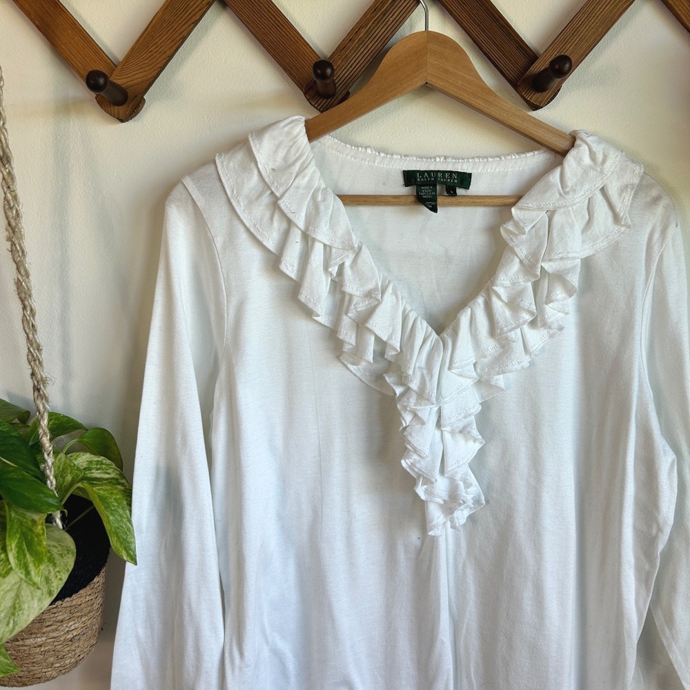 Vintage Lauren Ralph Lauren White Ruffle V-Neck Cotton Long Sleeve Top Large